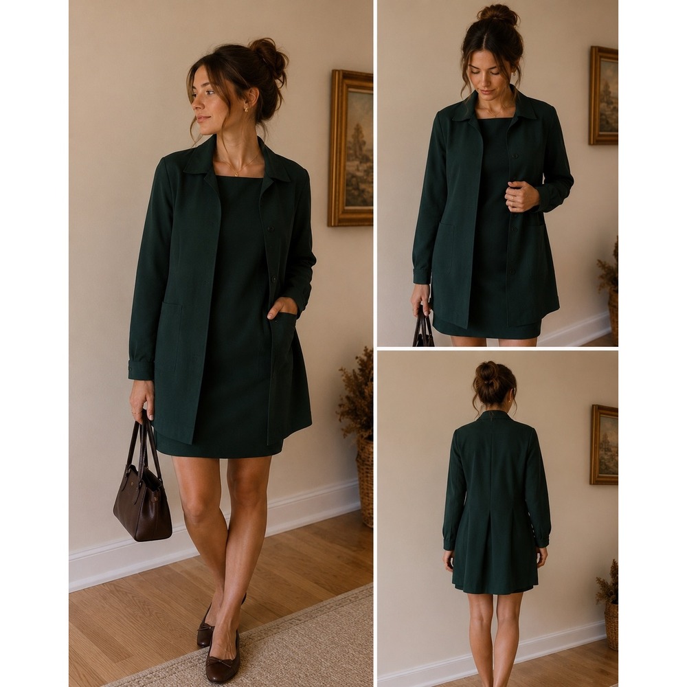 Melissa Petites Green 2 Piece Set Square Neck Sheath Dress & Longline Jacket 8P